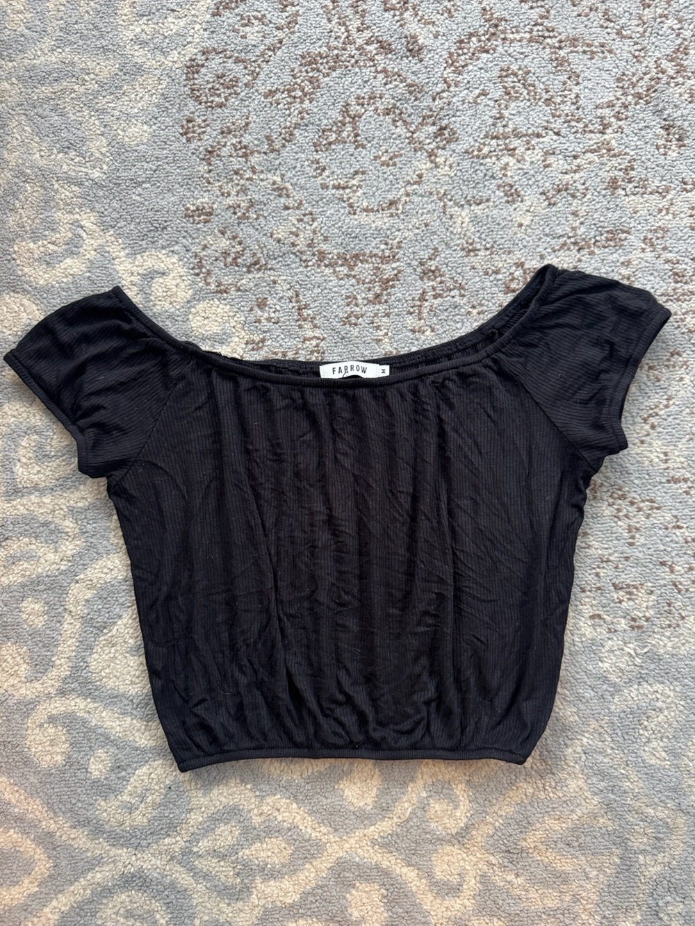 Farrow Cropped Ribbed Cap Sleeve Peasant Top Black Medium